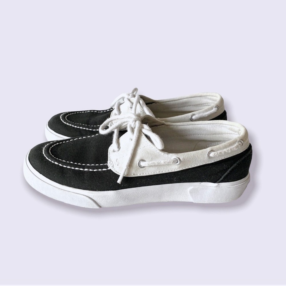 RALPH LAUREN Breeana Canvas Deck Boat Shoes * Black/Sand * Lace-up * Womens Sz 7